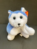 Blue and white dog beanie baby sat on his rear