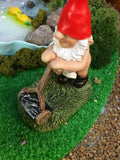 Gnome mowing lawn