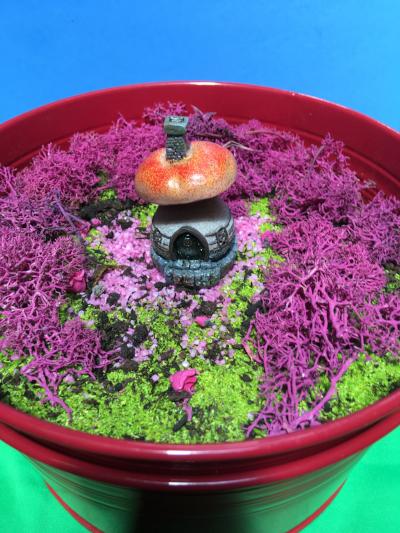 toadstool house in tiny garden