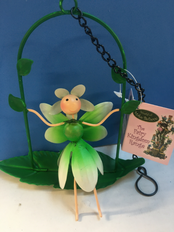metal snowdrop fairy sitting on leaf swing, suitable to hang up