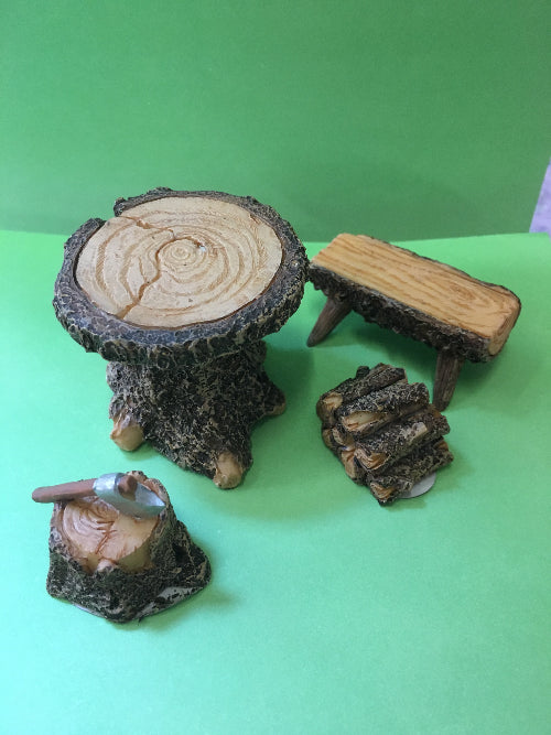 mini table, bench, logs